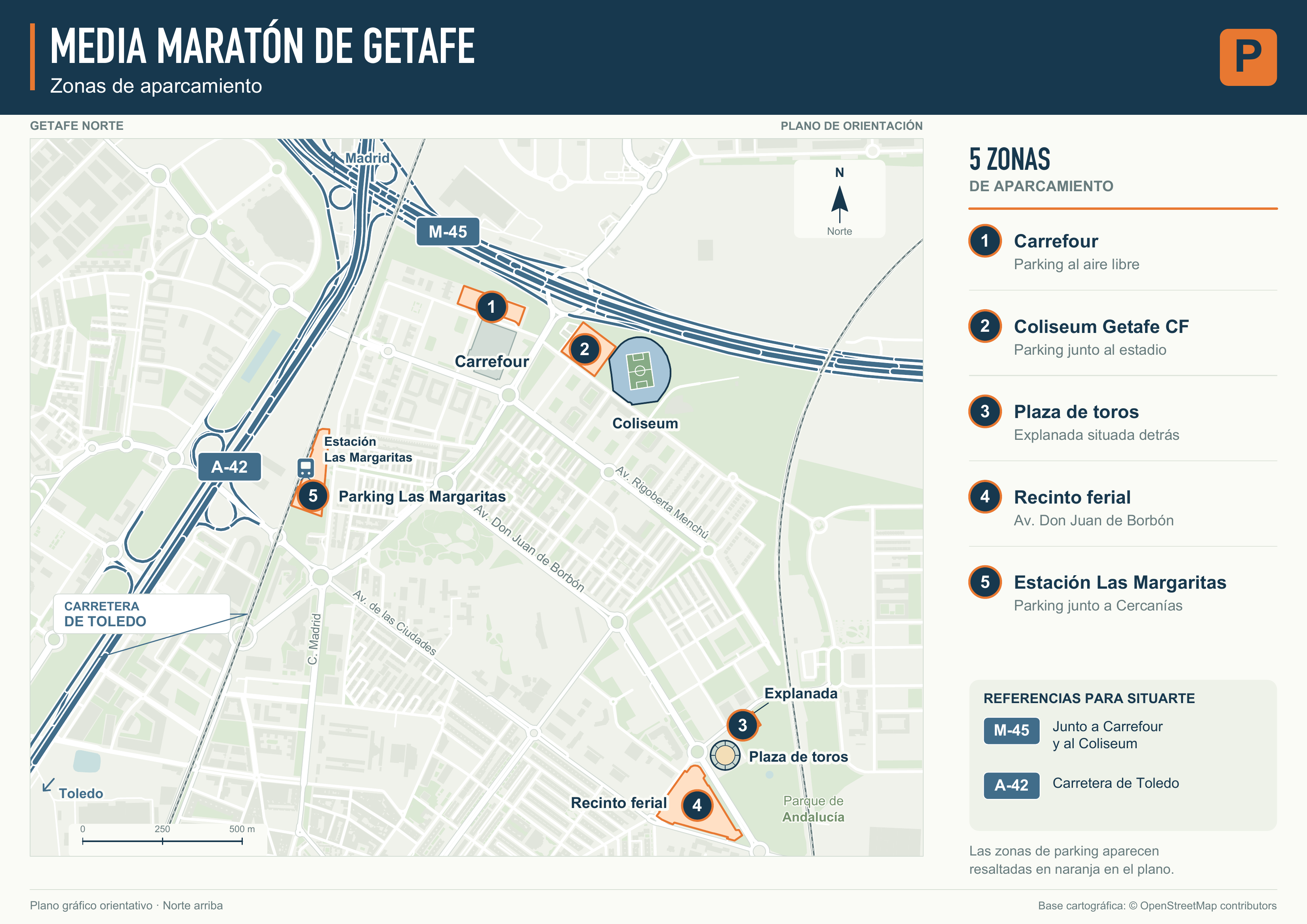 Plano de las cinco zonas de aparcamiento: Carrefour, Coliseum Getafe CF, plaza de toros, recinto ferial y estación Las Margaritas.